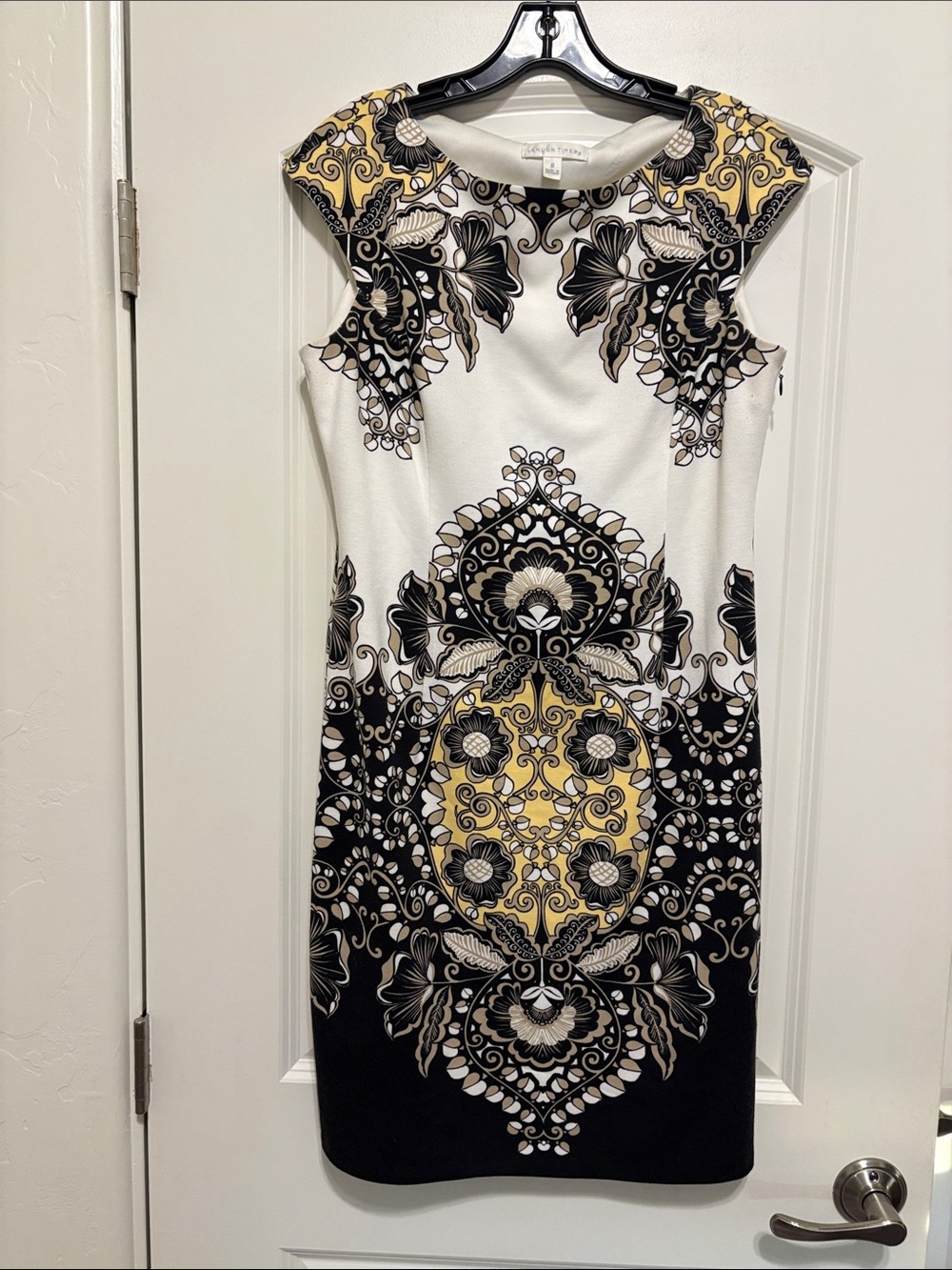 London Times White, Black & Yellow Cap-Sleeve Midi Sheath Dress